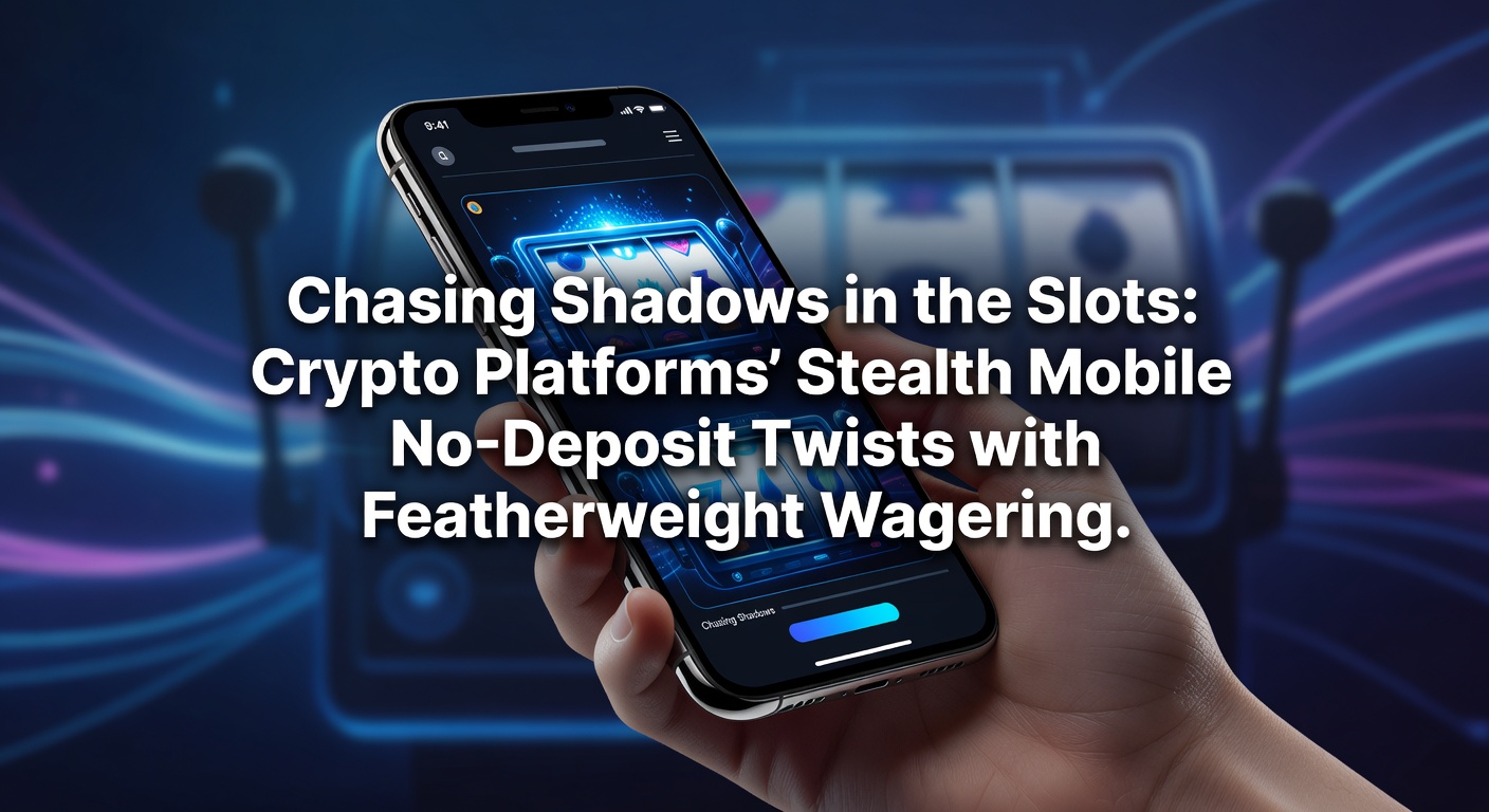 A sleek mobile phone screen glowing with crypto slot reels in dim light, shadowy bonus icons flickering like hidden treasures amid Bitcoin symbols and low-wager badges
