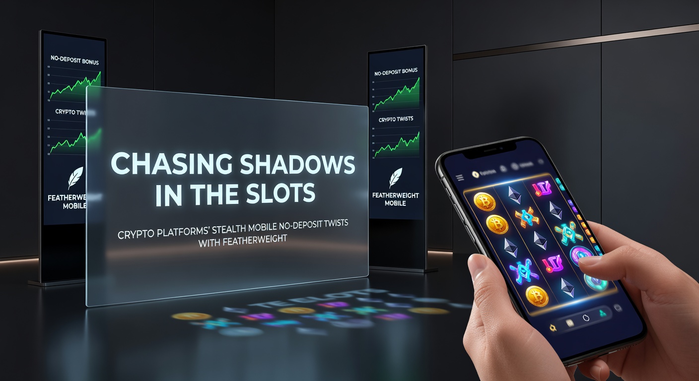 Close-up of hands holding a phone with a crypto casino app open to a no-deposit bonus screen, faint wagering meter at featherweight levels next to Ethereum transactions and slot shadows