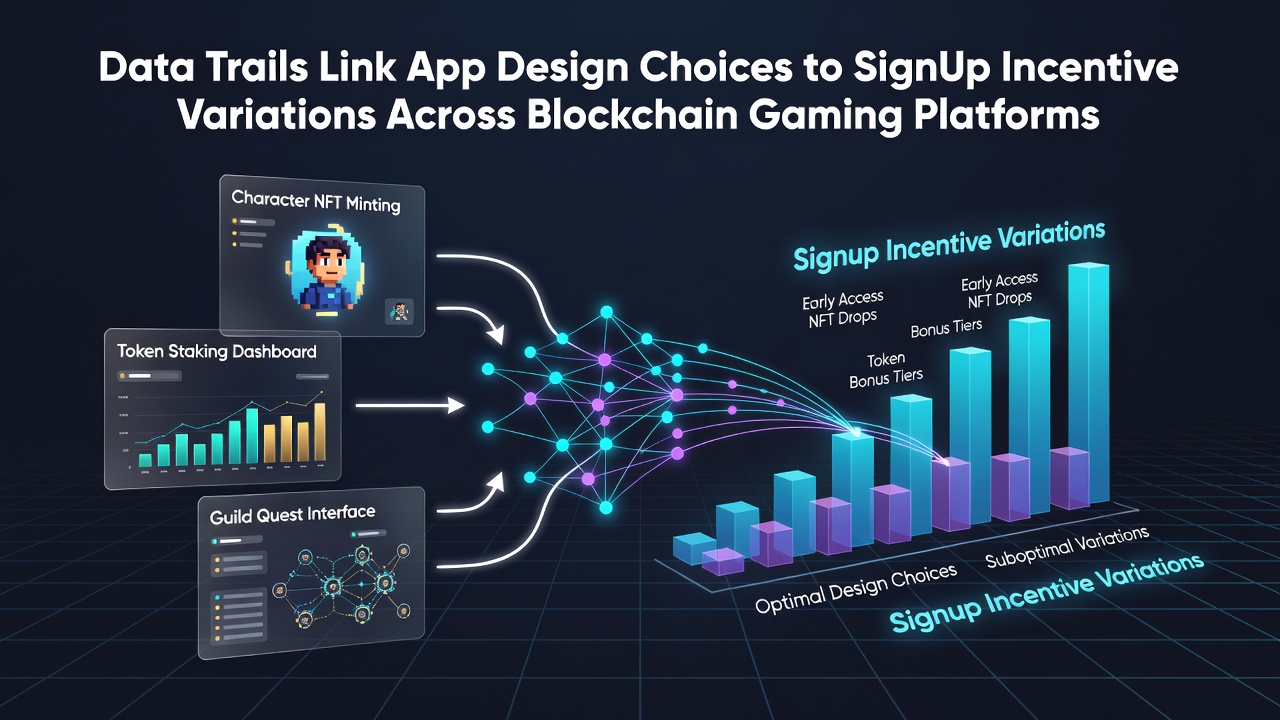 Blockchain gaming app interface showing signup incentives and data tracking elements on mobile screens