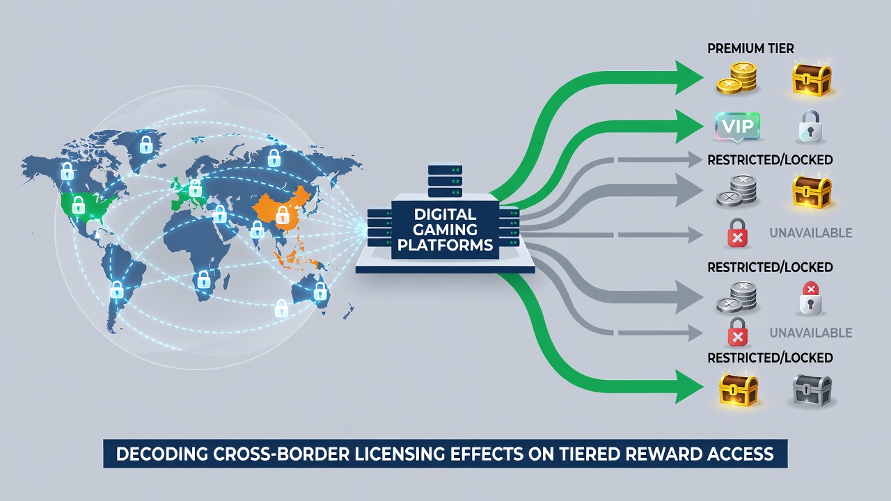 Infographic illustrating cross-border licensing layers affecting player reward tiers in online gaming