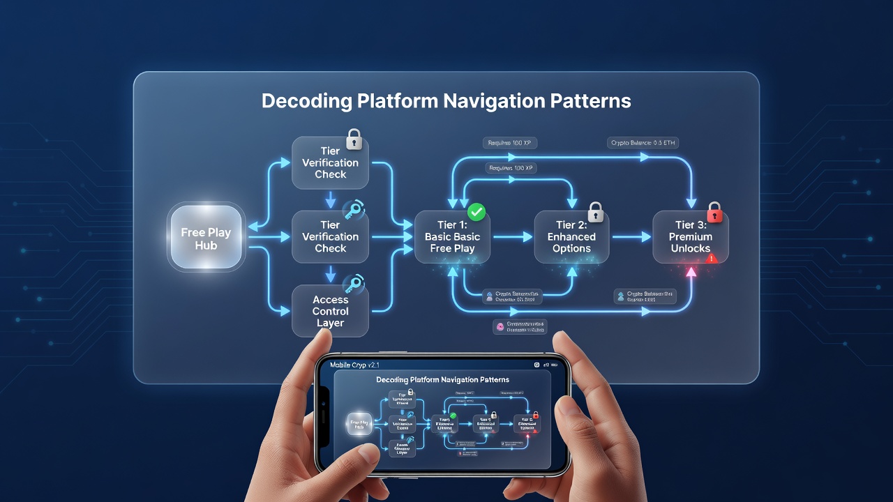Detailed view of a crypto casino mobile app dashboard displaying free play tier progression and navigation paths