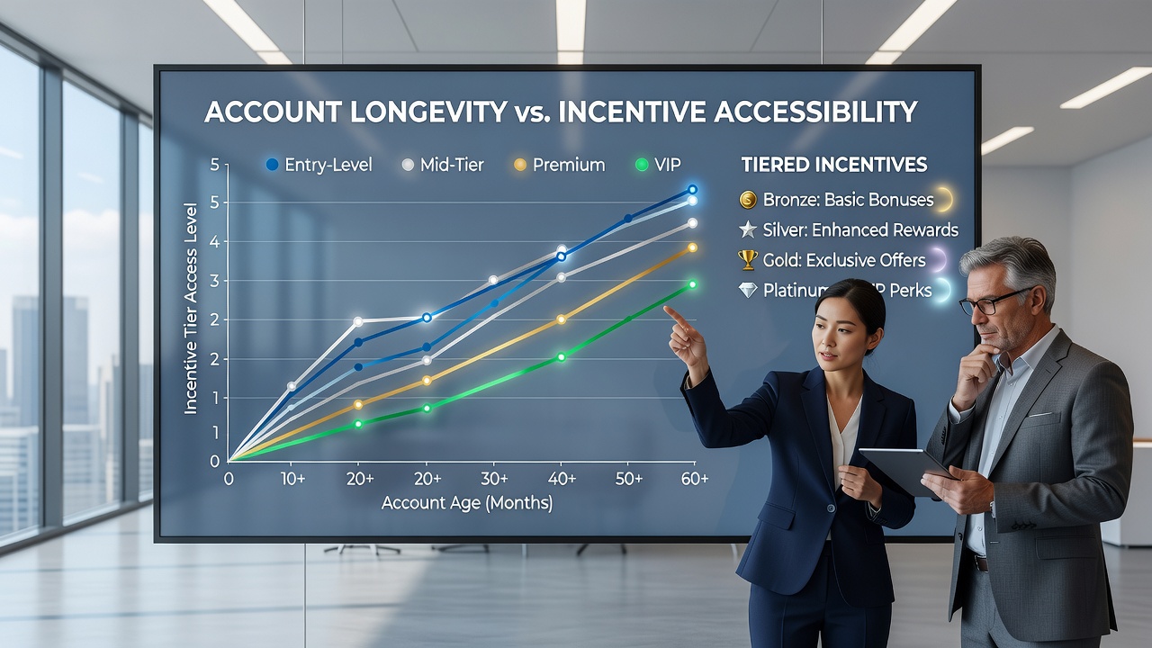 Digital wagering platform dashboard showing account age metrics alongside tier progression indicators