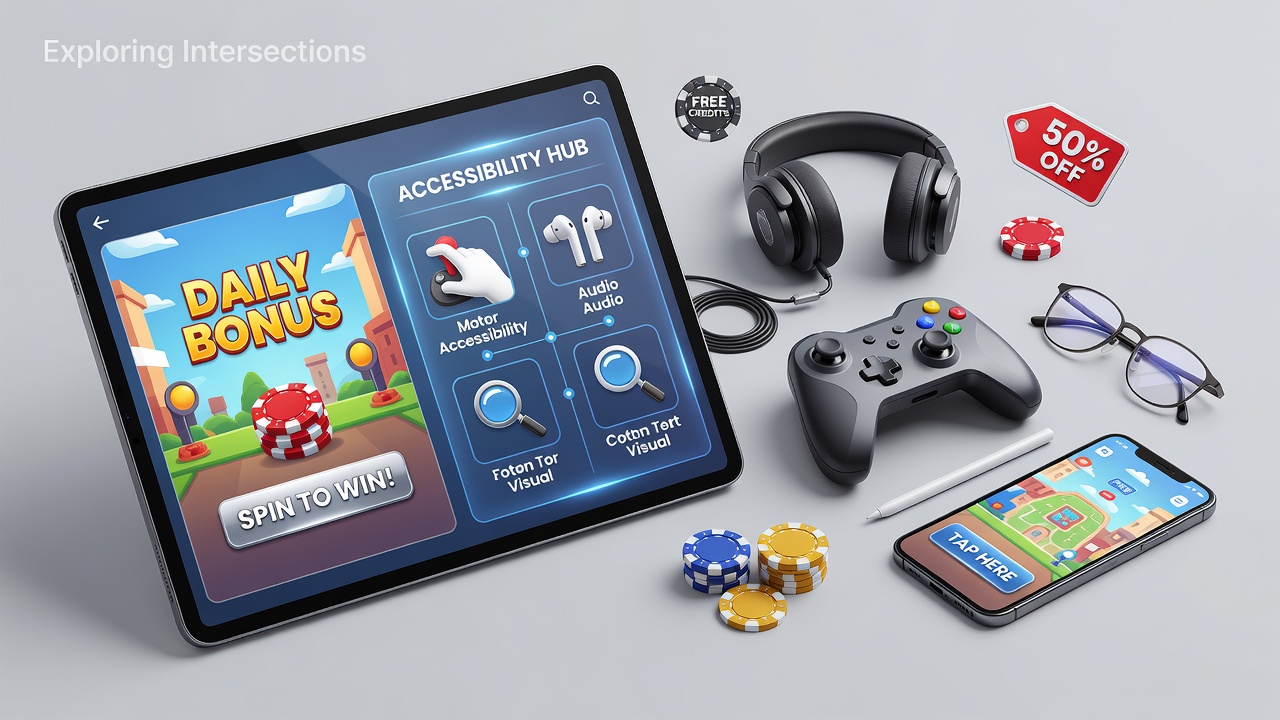 Mobile gaming app interface displaying accessibility options alongside promotional banners for bonuses and rewards