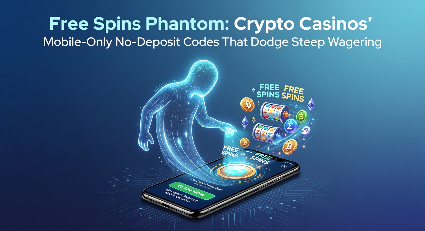 Smartphone screen displaying a crypto casino app with free spins activation, coins floating around a ghostly phantom icon