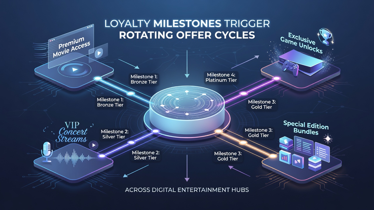 Analytics dashboard displaying rotating loyalty offers and milestone progress in a digital gaming environment