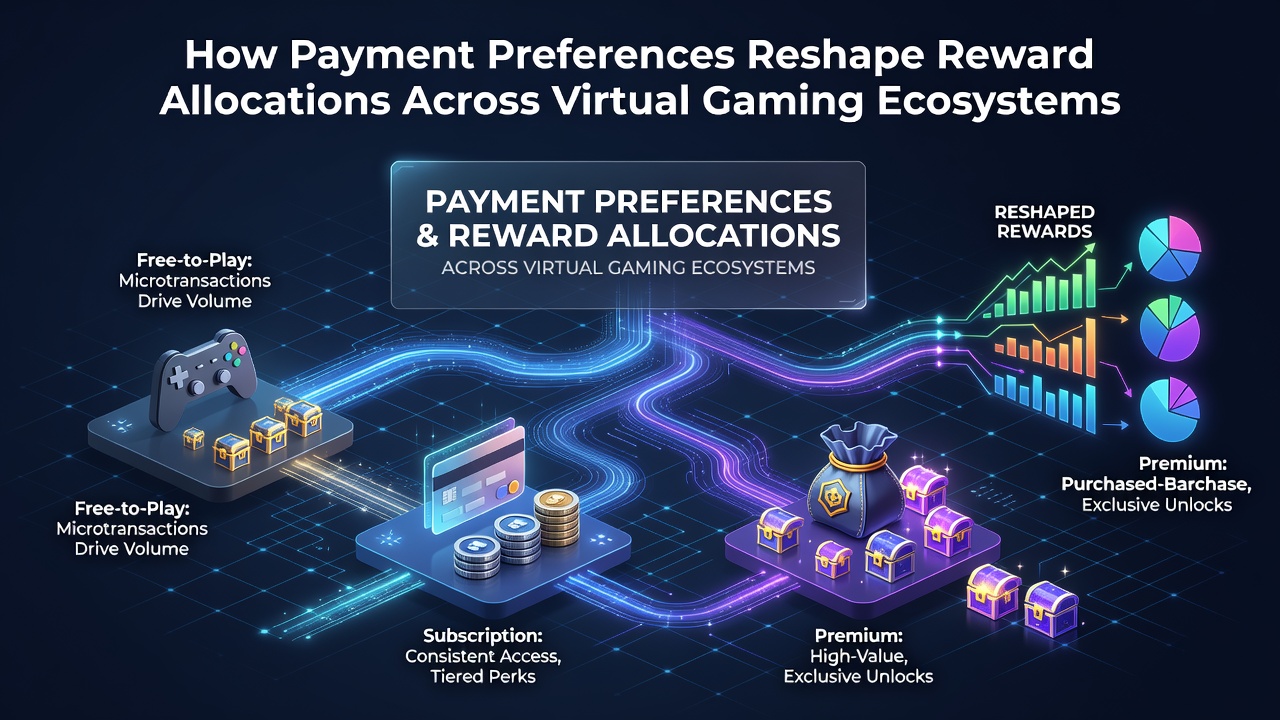 Illustration showing diverse payment methods flowing into virtual gaming reward systems across multiple platforms
