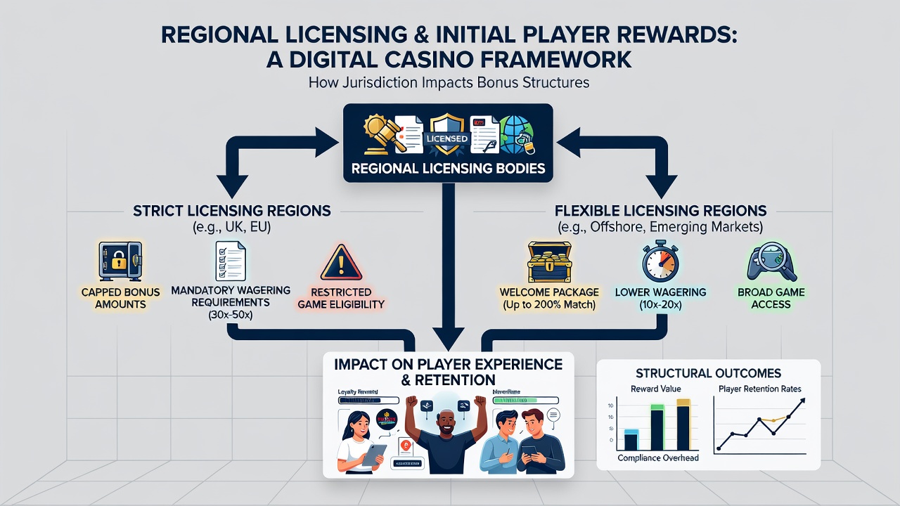 Comparison of digital casino reward structures under different regional licensing rules displayed on multiple device screens