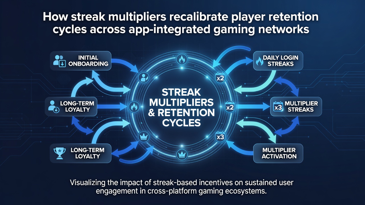 Illustration of streak multiplier mechanics in mobile gaming apps showing retention cycle adjustments
