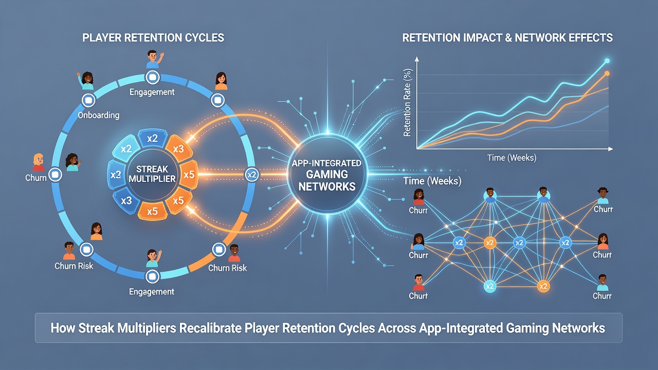 Diagram showing data synchronization between multiple gaming apps via streak multiplier systems