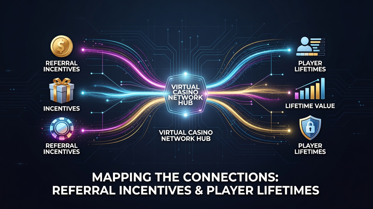 Data visualization showing referral chains linked to extended player lifetime metrics across virtual casino platforms