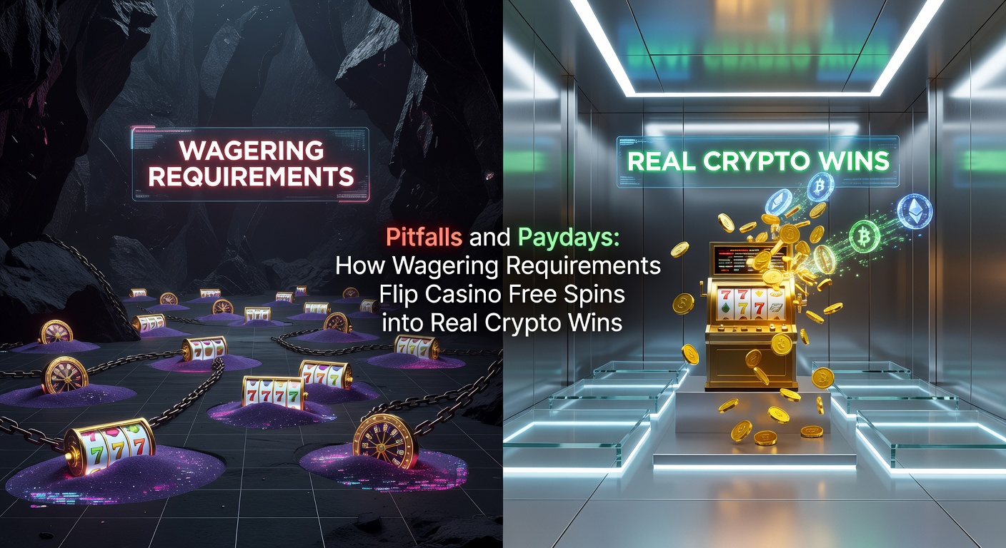 Casino player celebrating a big win on a crypto slot machine screen, with free spins highlighted and wagering meter in the background