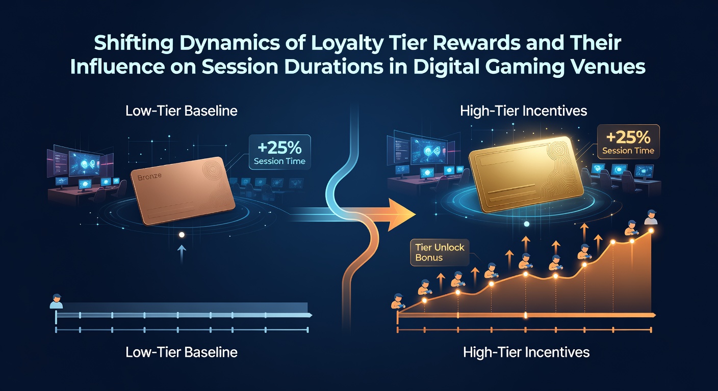 Illustration of loyalty tier progression in digital gaming venues with reward levels and player engagement metrics