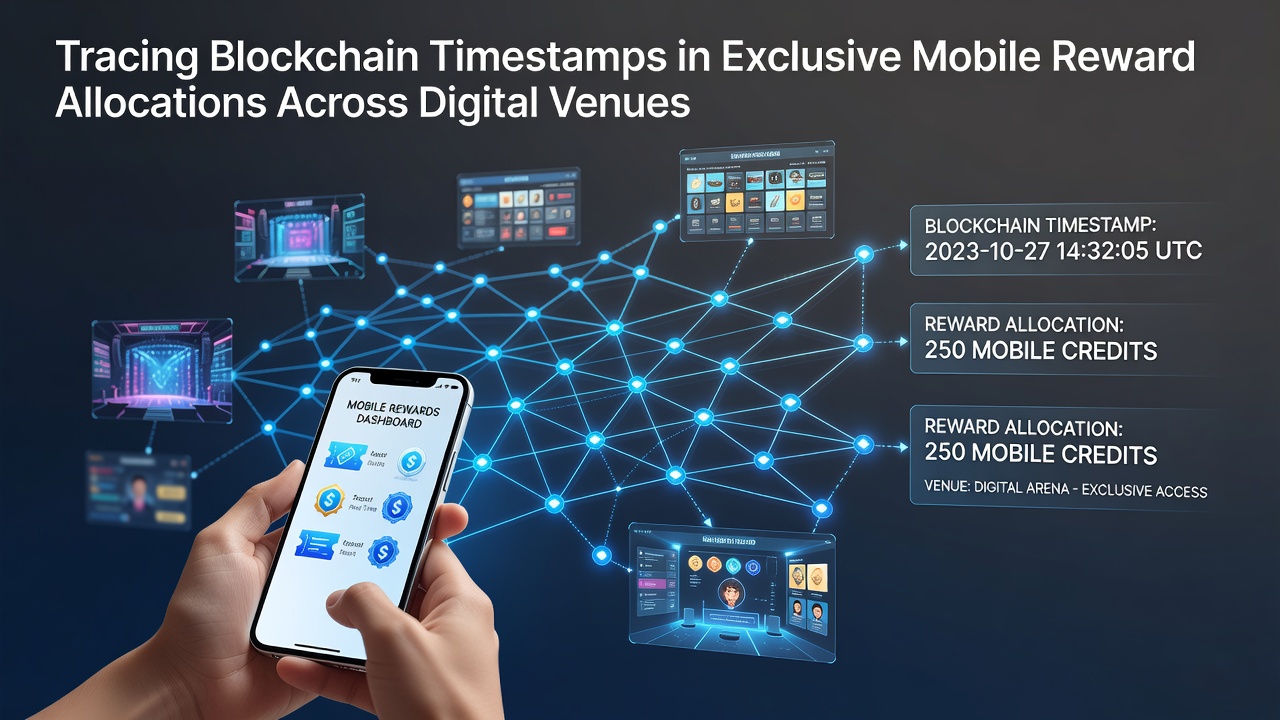 Blockchain timestamp verification process displayed on mobile device screen showing reward allocation logs