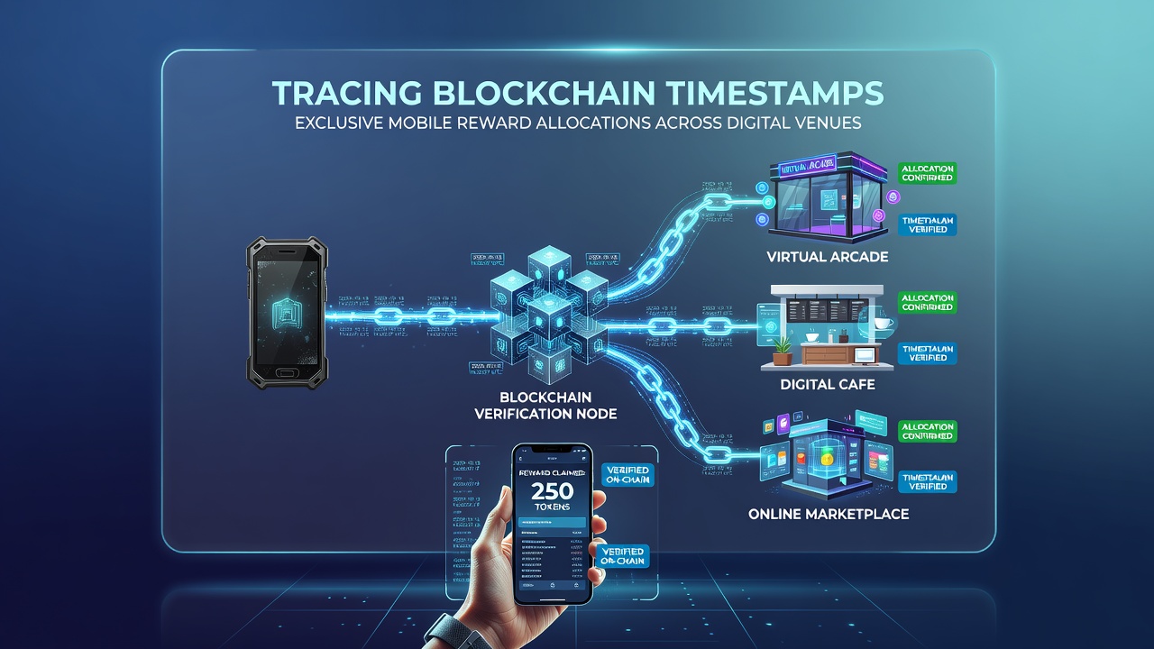 Network diagram illustrating mobile reward allocation flow with timestamp verification across multiple digital venues